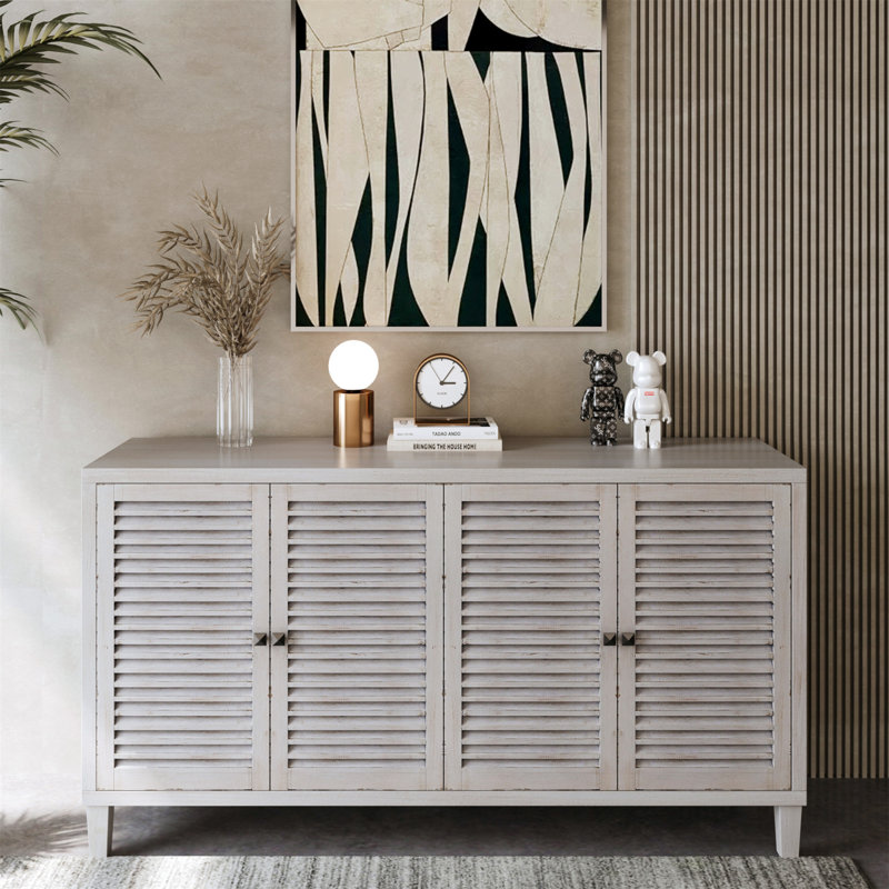 Gracie Oaks Accent Cabinet 4 Shutter Door Wooden Cabinet Sideboard Buffet Server Cabinet Storage Cabinet For Living Room Entryway Hallway Office Kitchen And Dining Room Distressed White Wayfair
